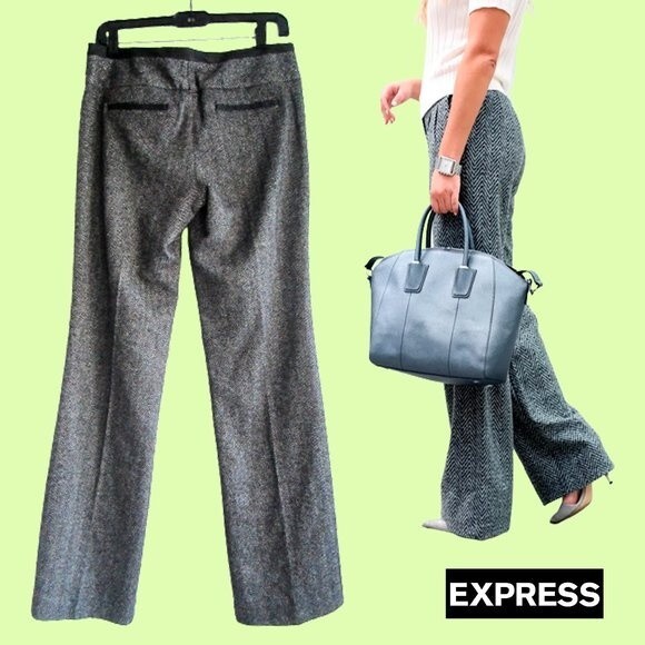 EXPRESS NEW Minimalist EDITOR Herringbone Faux Leather Trim Wide Leg Trouser 6 - Picture 8 of 12